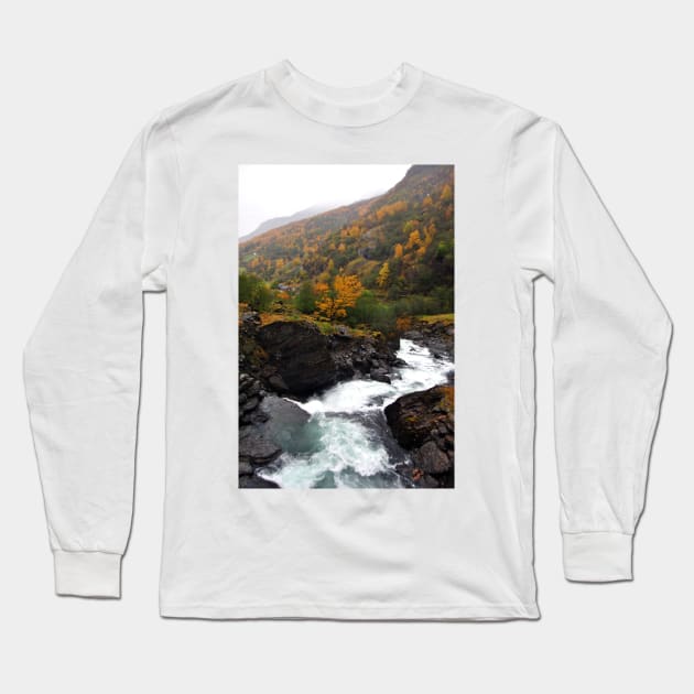 Waterfall Flamsdalen Valley Flam Norway Long Sleeve T-Shirt by AndyEvansPhotos